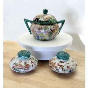 Vintage Geisha Girl Sugar Bowl and S & P Porcelian Green Handles Japan
